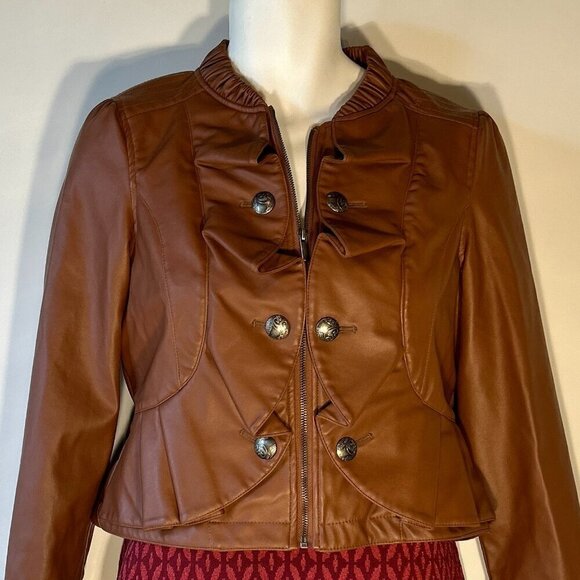 Ruby Rose SZ M Brown Faux Leather Jacket Western Cowgirl Boho Unique - Picture 1 of 13